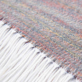 Nahaufnahme Textil und Fransensaum des Alpaka Plaids in creme zeigen die feine Verarbeitung