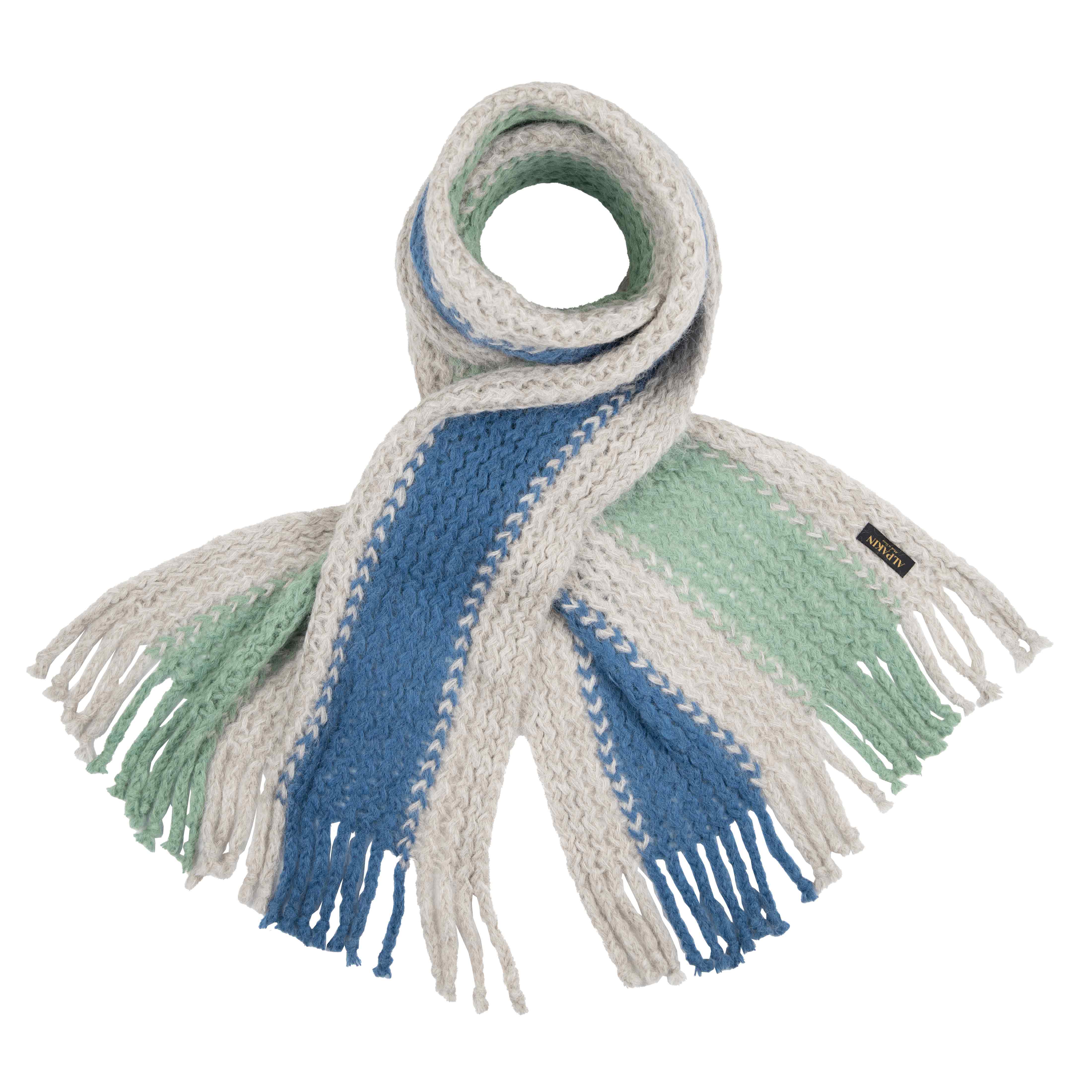 Großer Alpaka Schal in beige mit Farbakzenten - in geöffneter Form