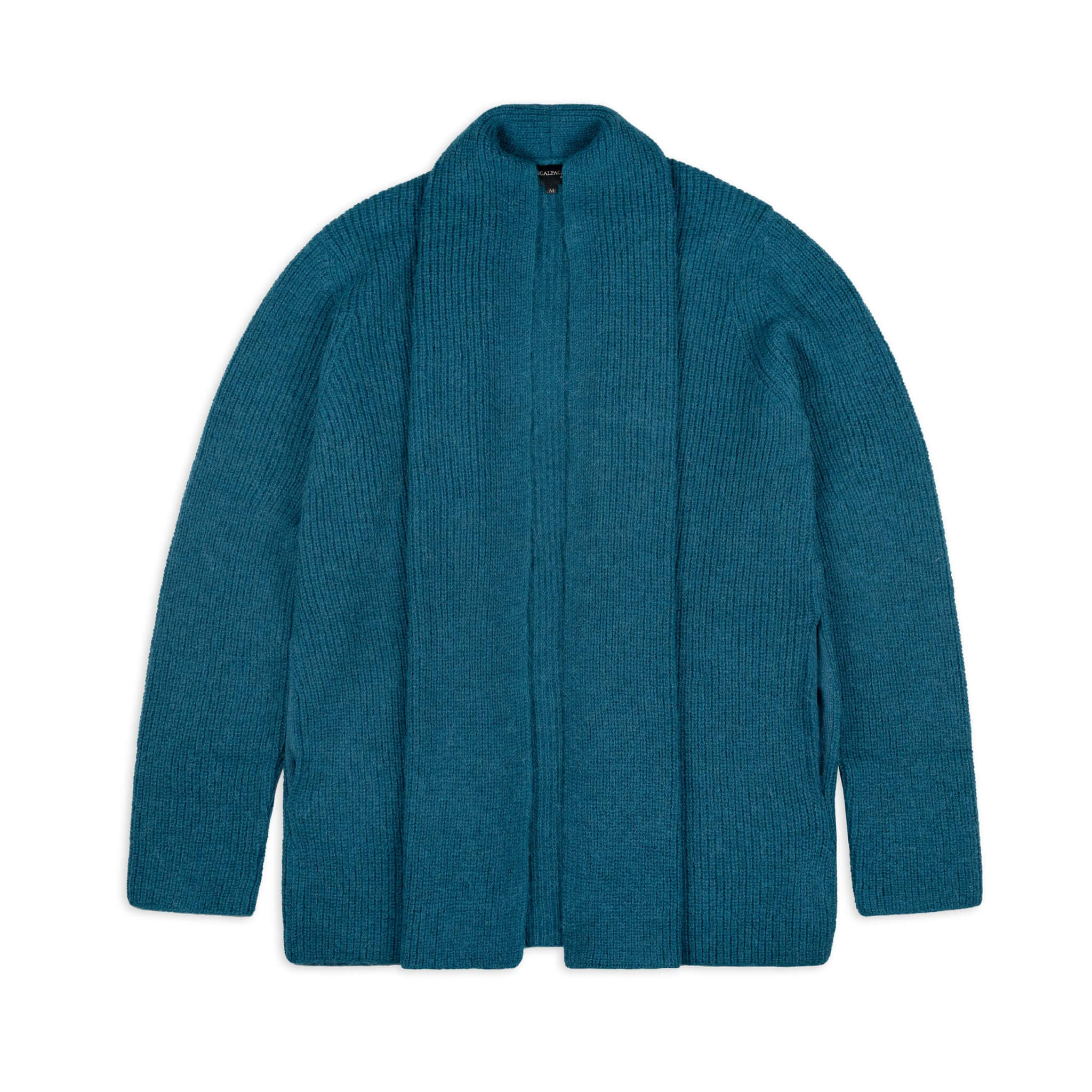 Warmer Alpaka Cardigan Mira für Damen mit bequemen Kragen in dunkeltürkis von vorne