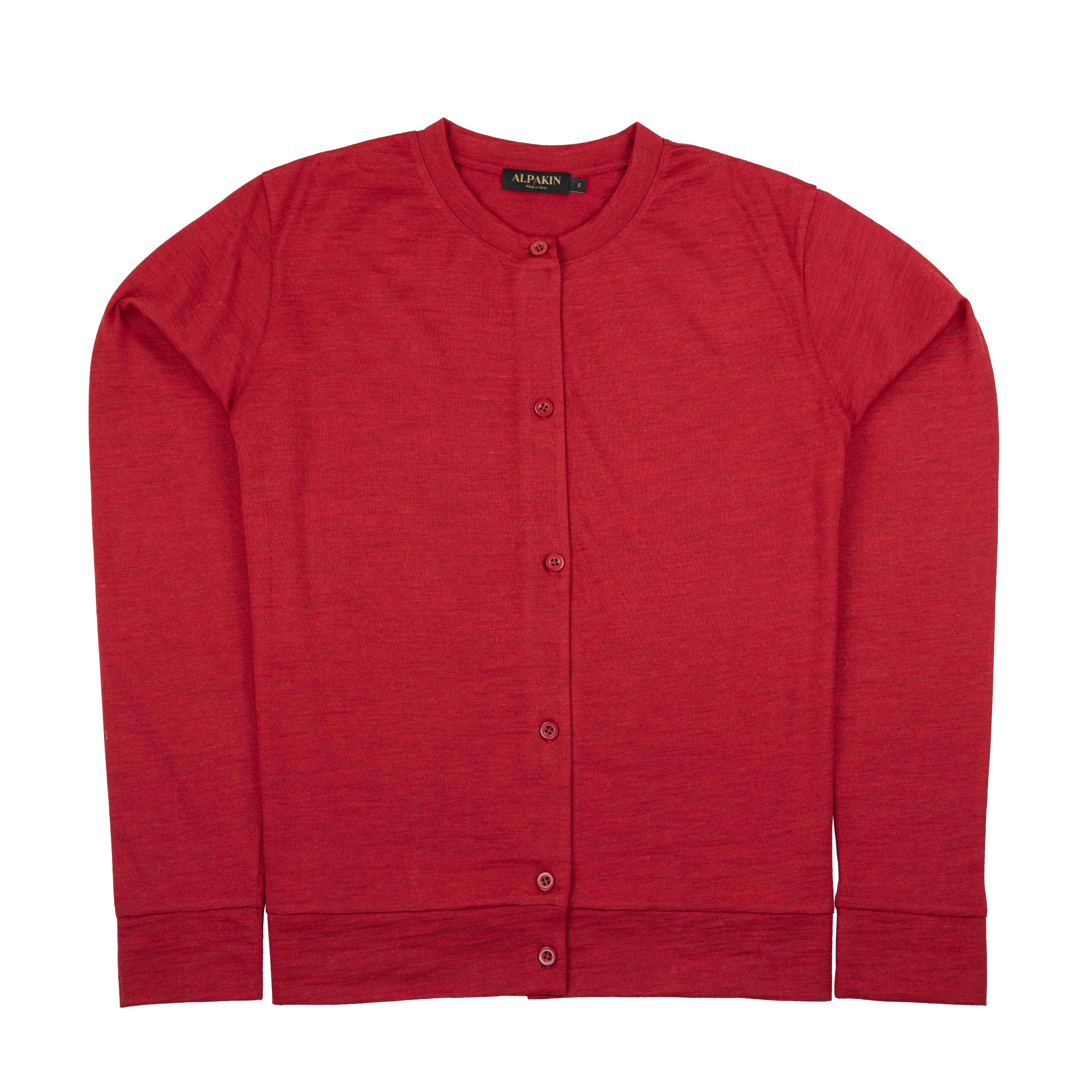 Feine Premium Alpaka-Seide Strickjacke mit Knöpfen in dunkelrot - Frontalansicht