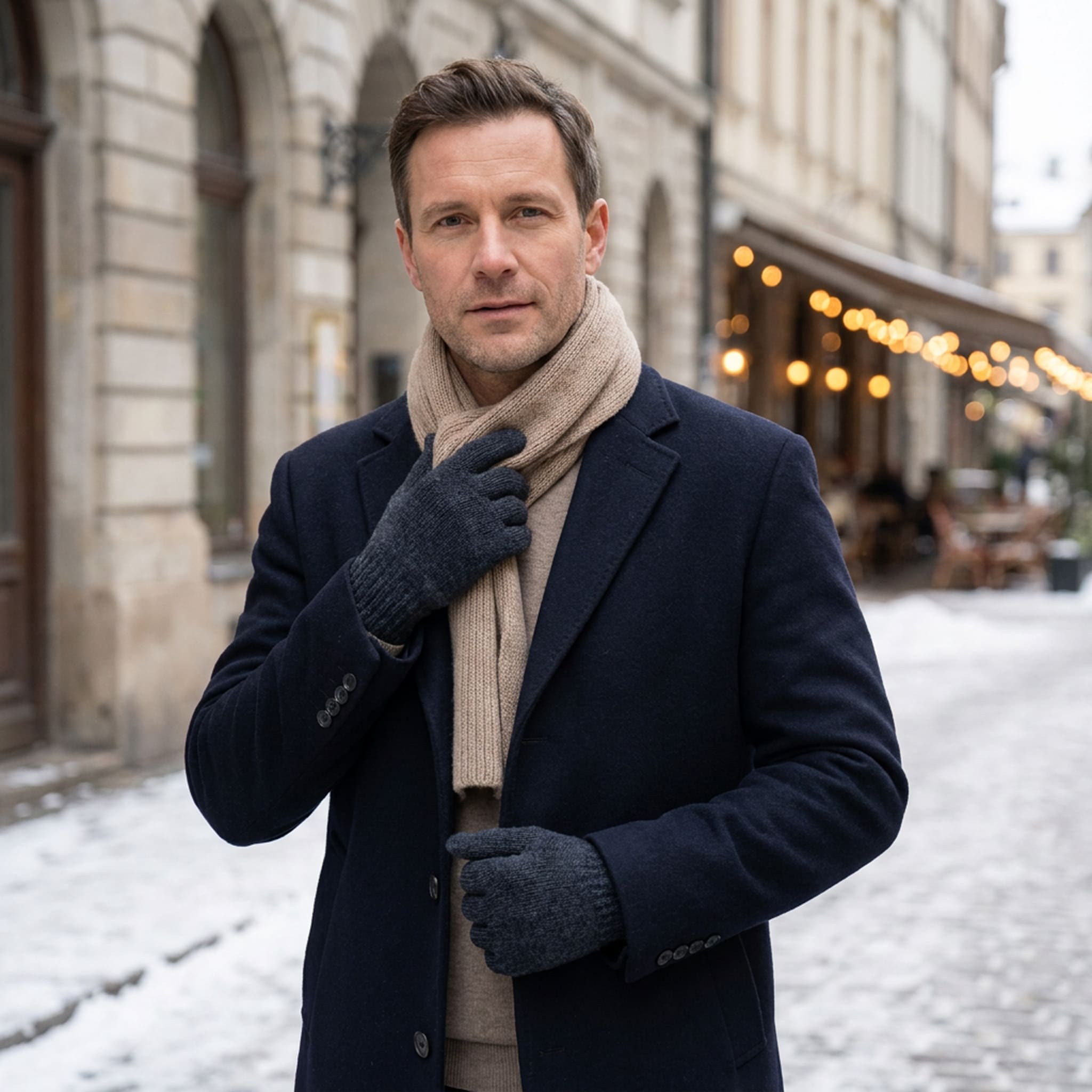 Eleganter Mann trägt in der Stadt Alpaka Handschuhe in Farbe Holzkohle, die zu allem passt