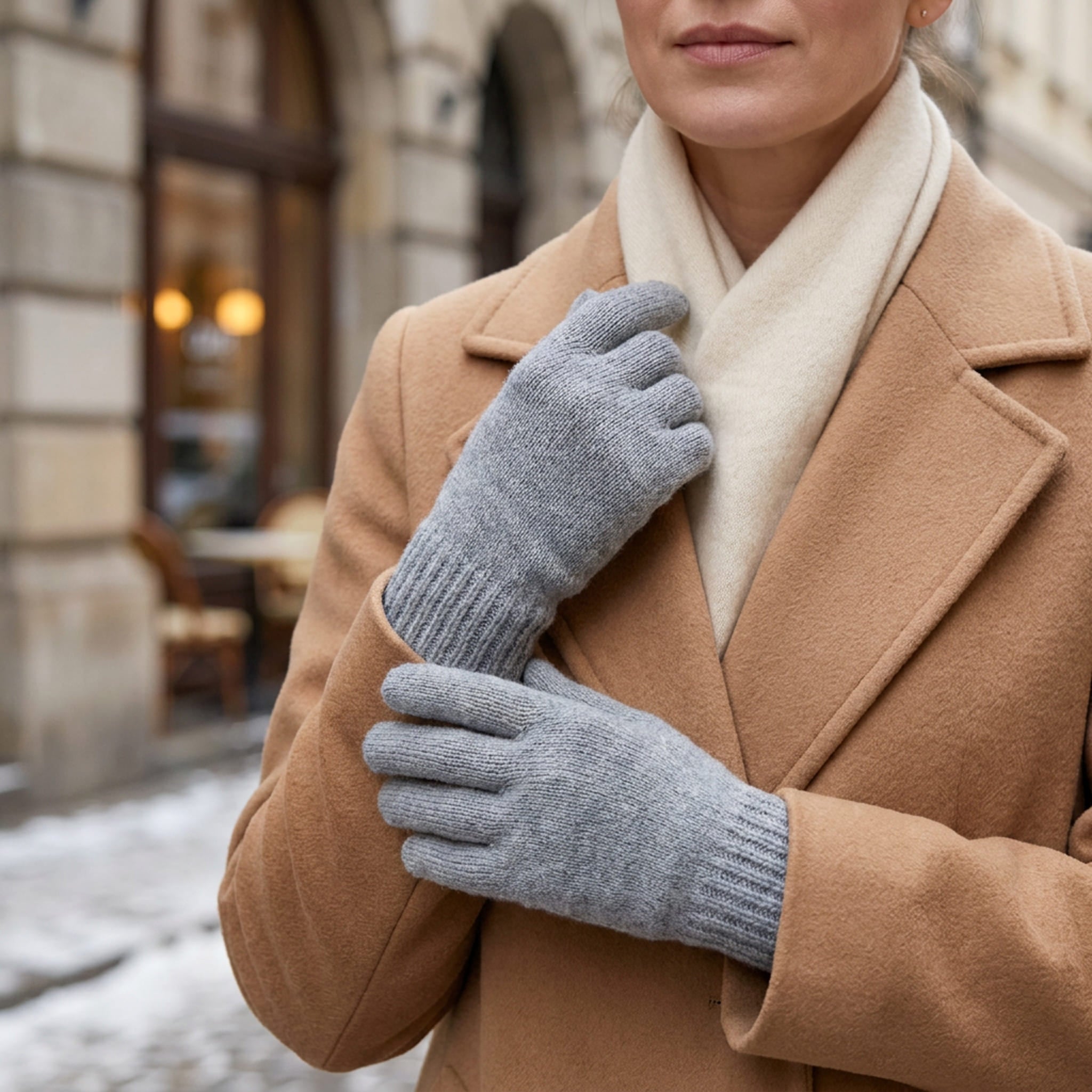 Frau mit Mantel trägt edle Alpaka Handschuhe in hellgrau zu ihrem Mantel