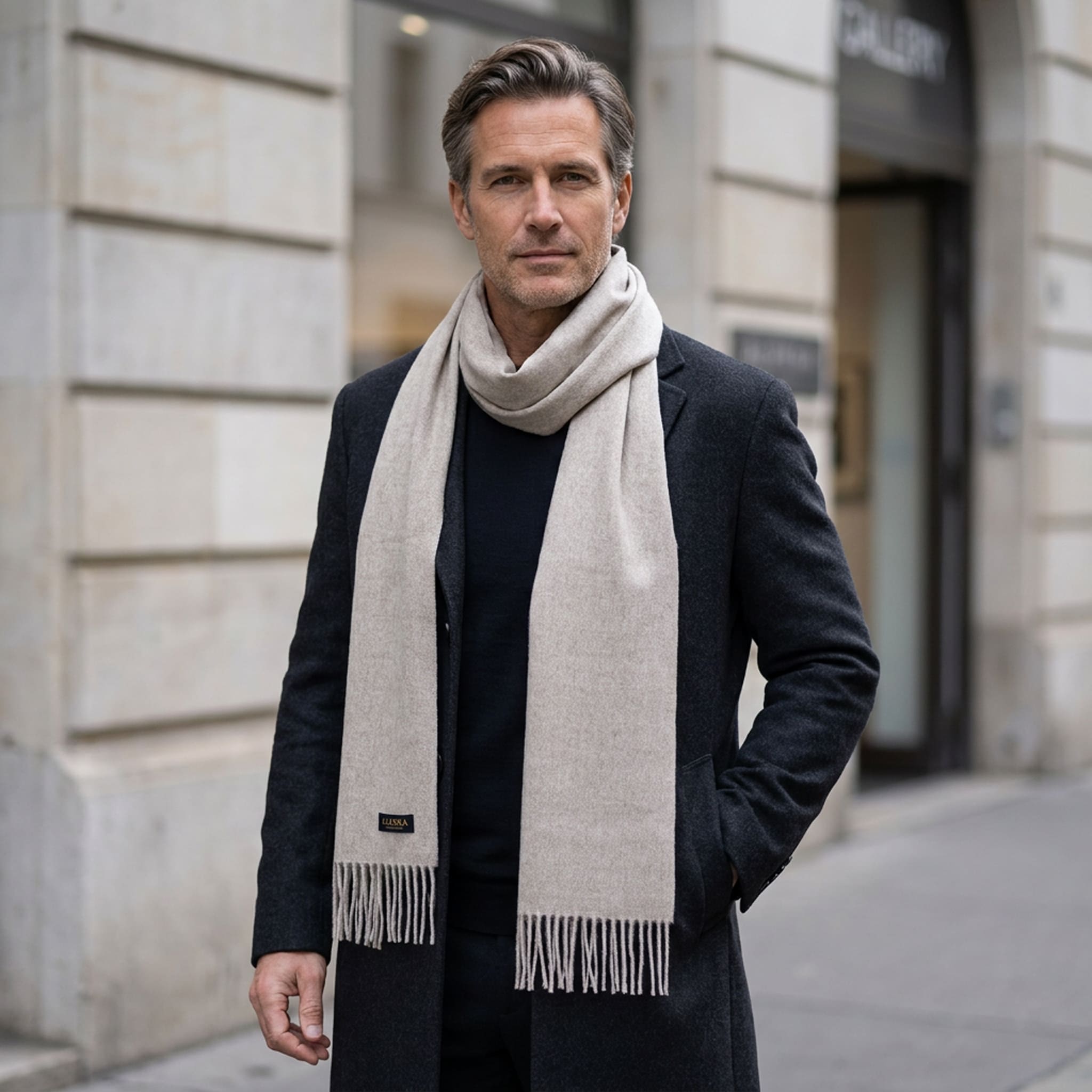 Mann in Frankfurt am Main trägt eleganten Alpaka Schal in Silber zu Mantel
