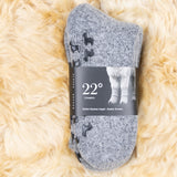 Kuschelige Alpaka Stoppersocken mit ihrer Verpackung auf Alpaka Fell platziert