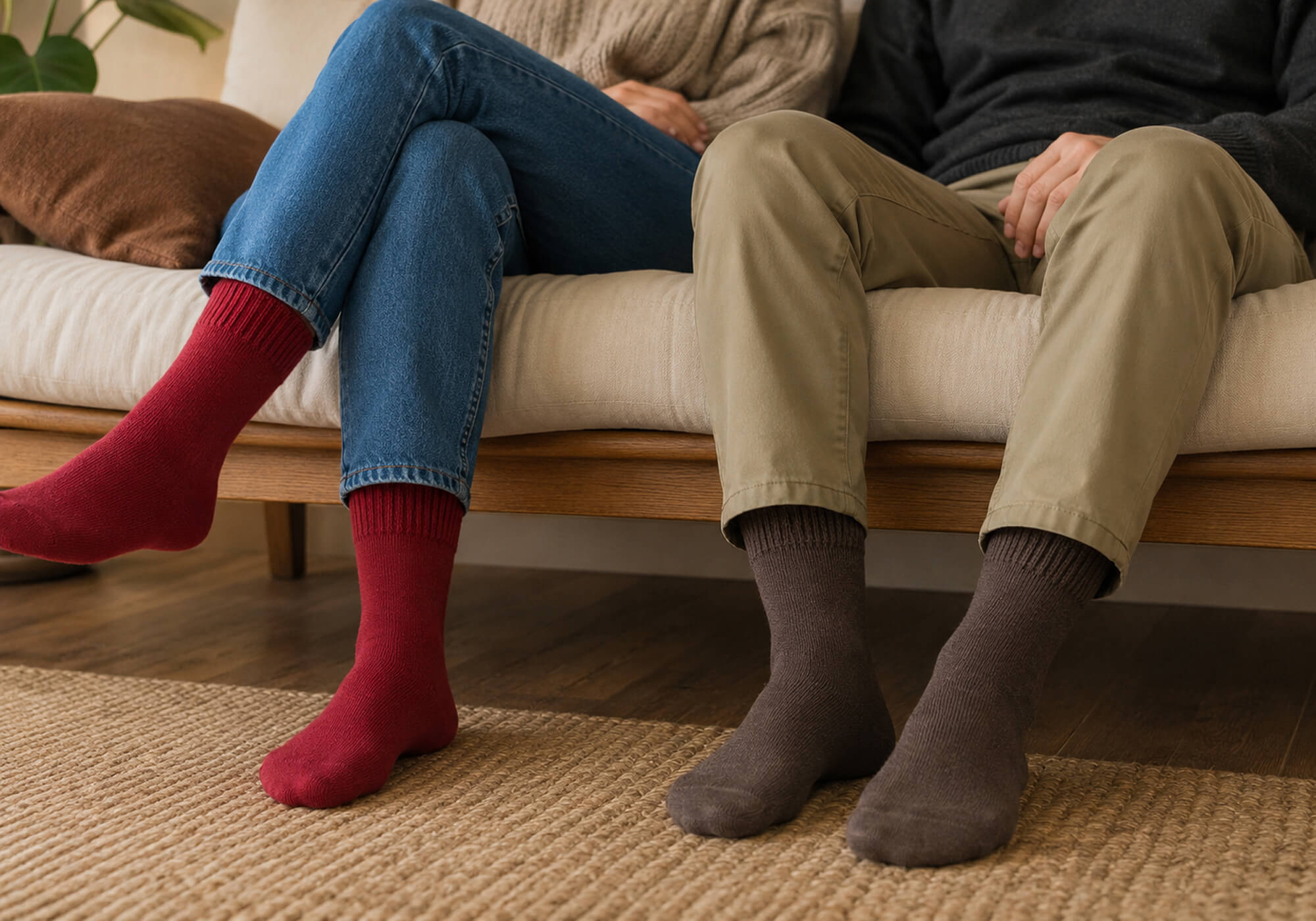 Mann und Frau mit warmen Füßen zuhause, weil sie ihre Alpaka Wintersocken in rot und dunkelbraun tragen