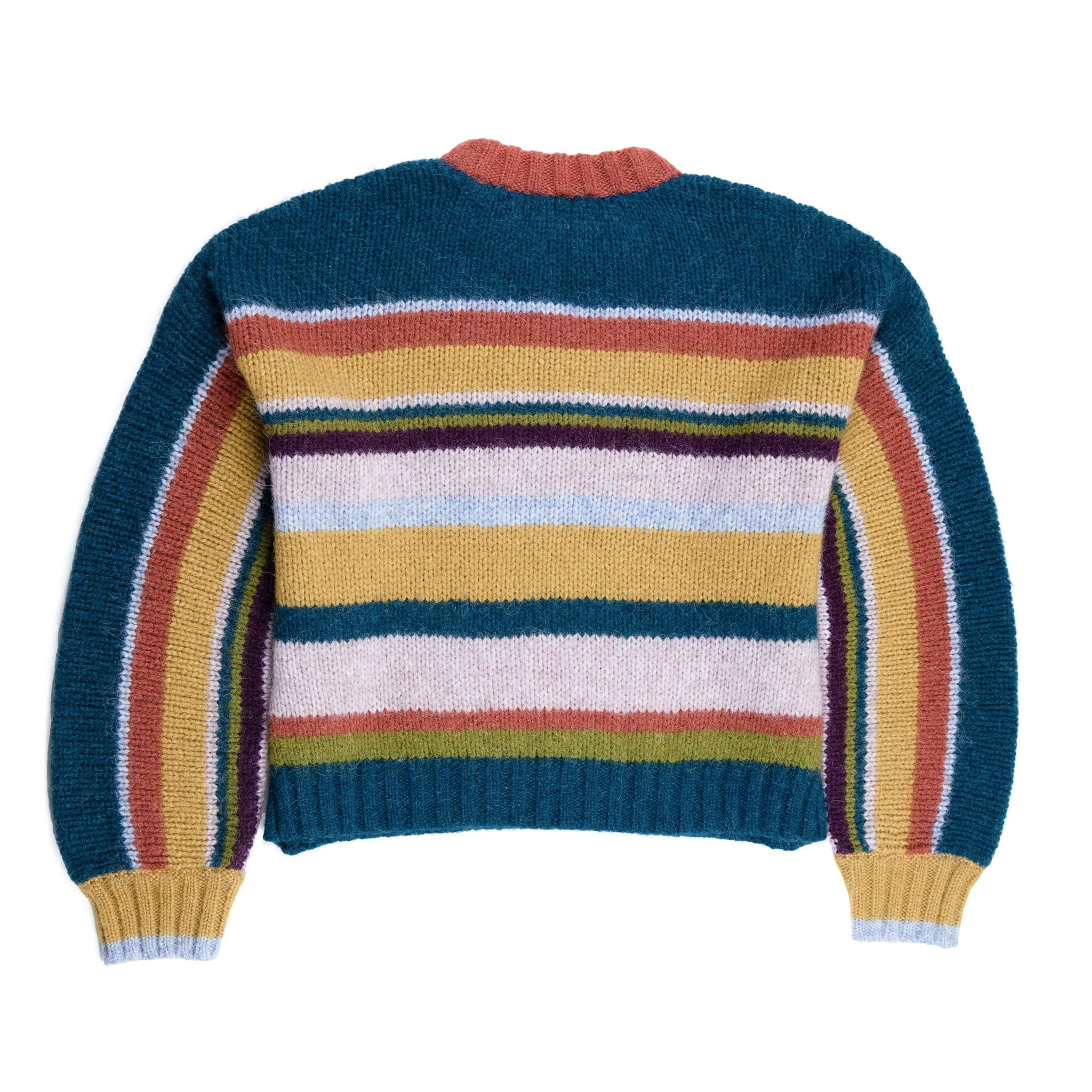 Cusi bunter Alpaka Pullover für Damen von hinten vor weißem Hintergrund