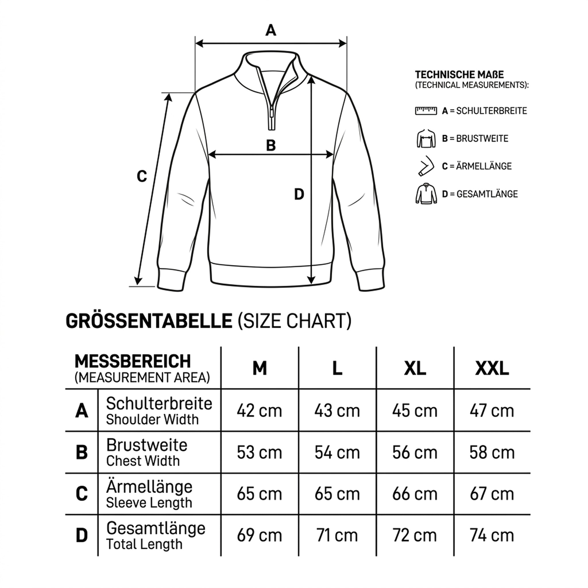 Detaillierte Grössenangaben zum Alpaka Troyer KATARI für M bis XXL