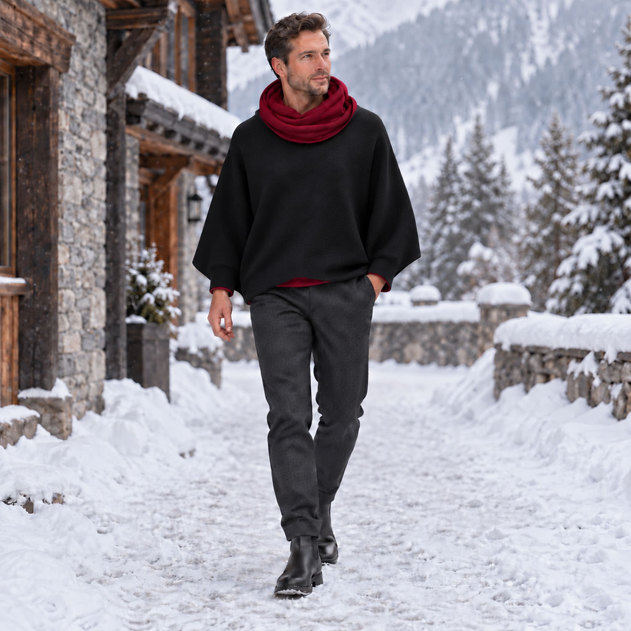 Mann trägt in einer Winterlandschaft im Freien den warmen Alpaka-Pullover Kero mit Ärmeln und großem Schal 