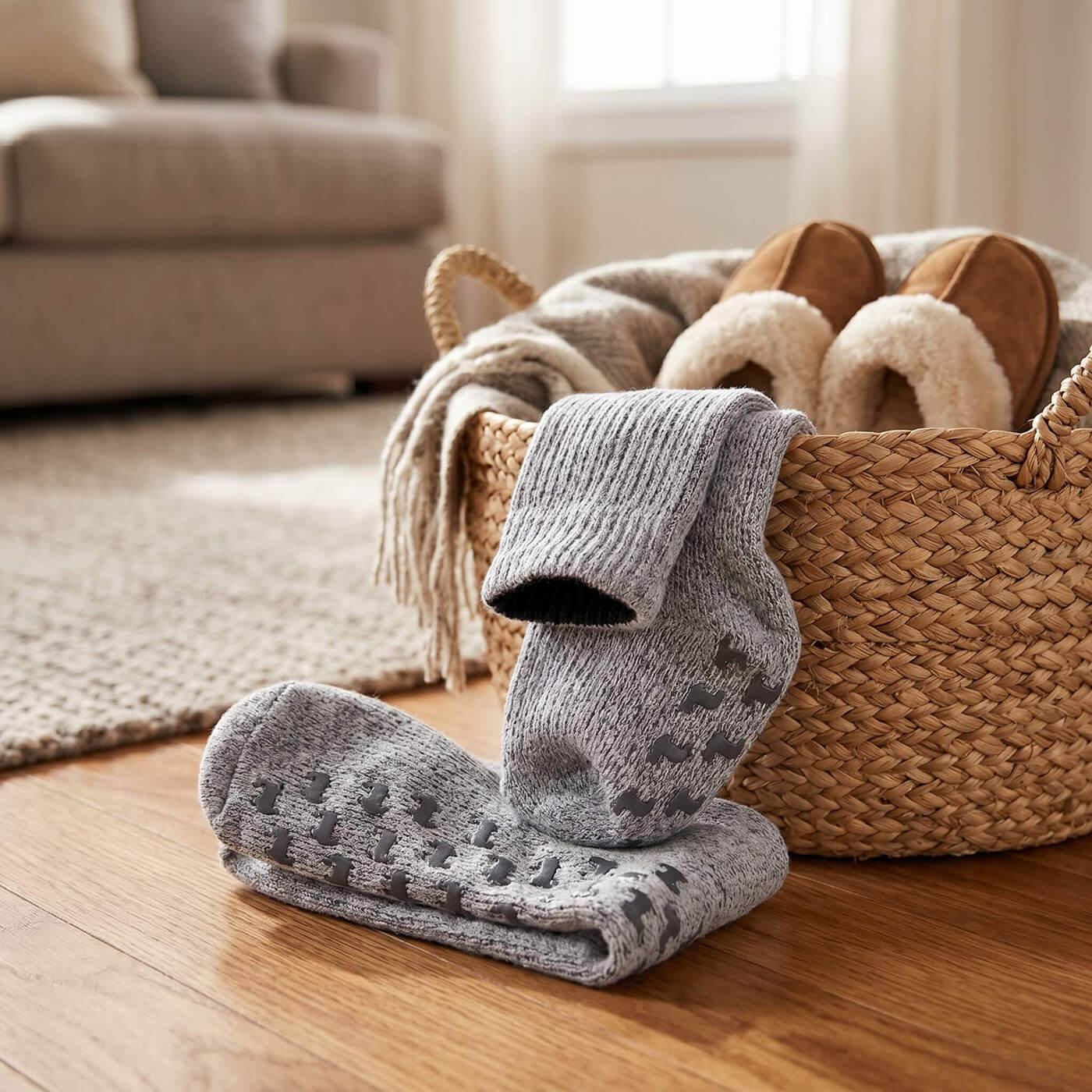 Kundenmeinung zu Alpaka Stoppersocken gemütlich zuhause im Korb als Hausschuhe