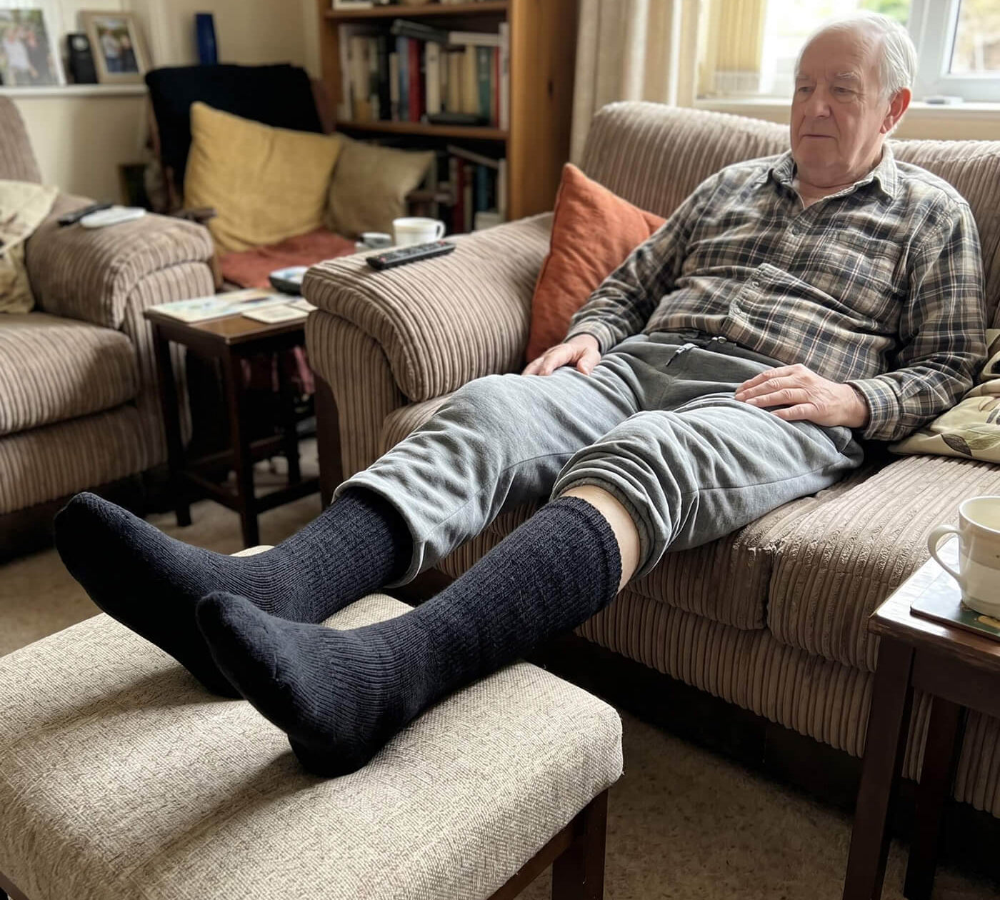 Senior sitzt mit seinen schwarzen Diabetikersocken auf dem Sofa und legt die Füße hoch