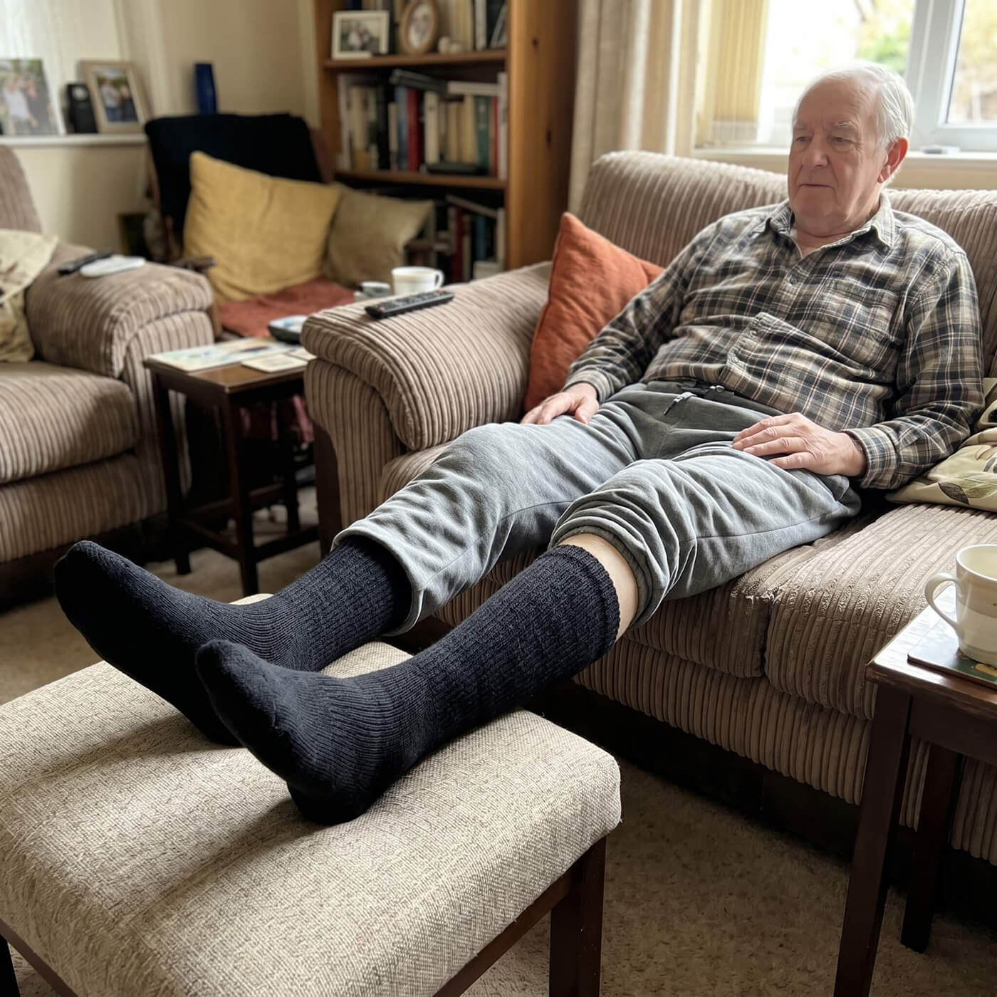 Senior sitzt mit seinen schwarzen Diabetikersocken auf dem Sofa und legt die Füße hoch