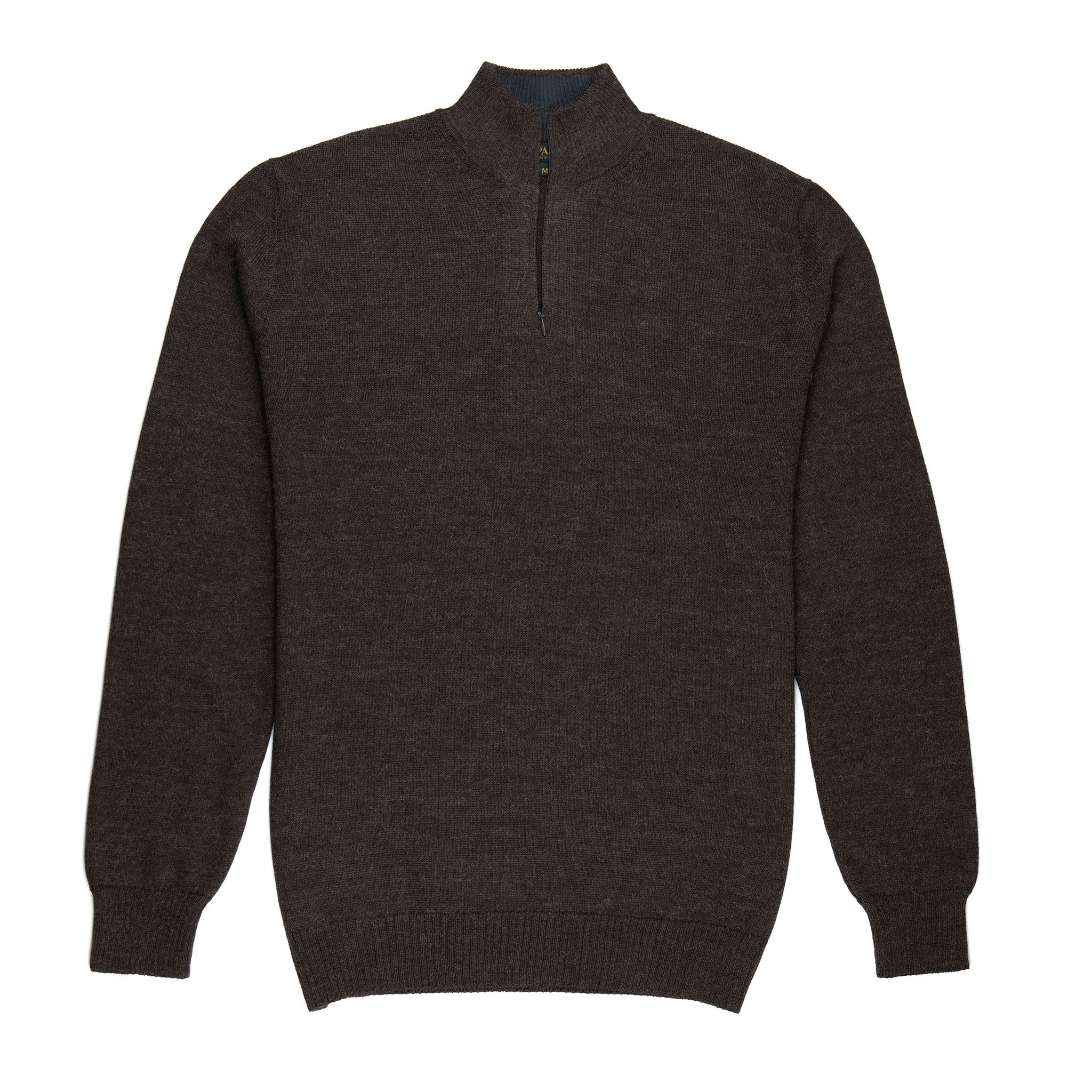 Munay Alpaka Troyer für Herren in dunkelbraun von vorne mit Kragen aus peruanischer Pima Baumwolle
