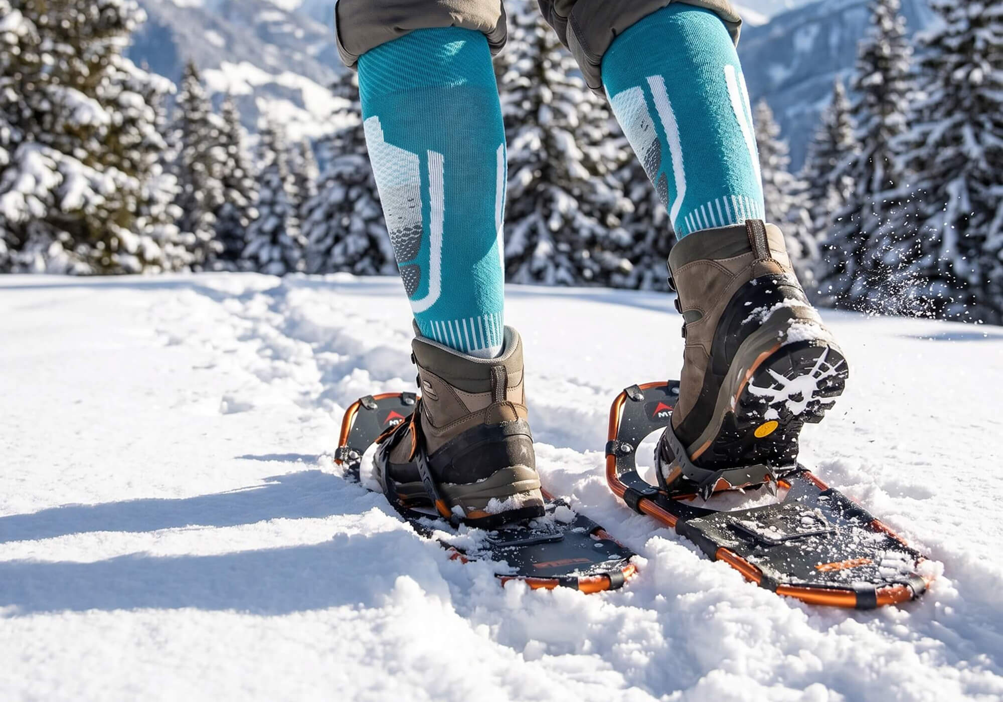 Alpaka Skisocken in türkis bei der Schneeschuh Wanderung