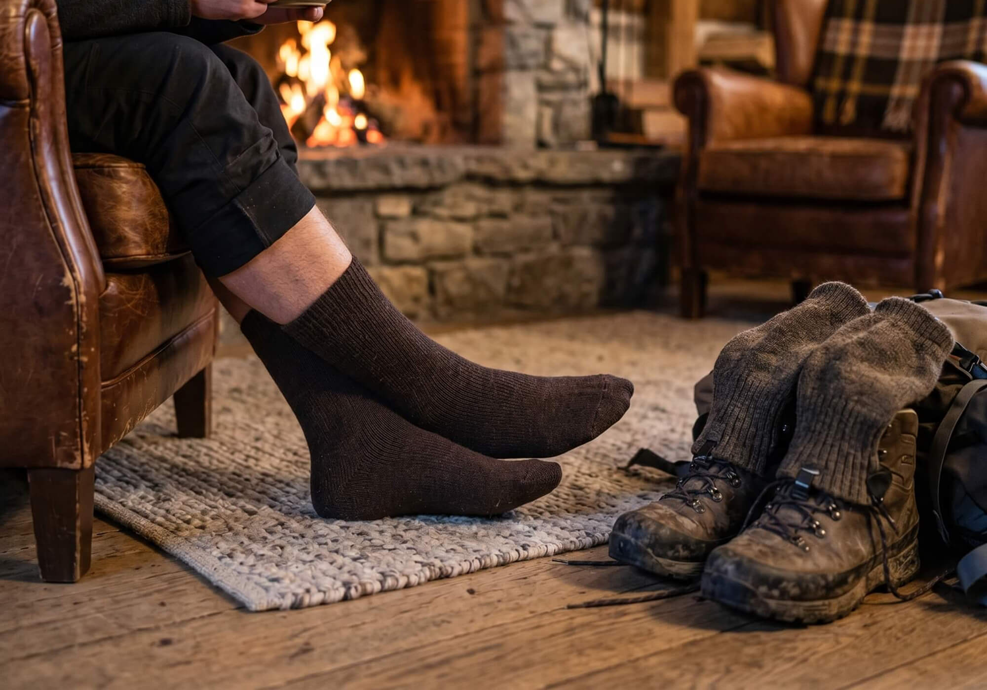 Mann sitzt mit Tasse Tee vor dem Kamin und hat dank der Alpaka Wintersocken warme Füße