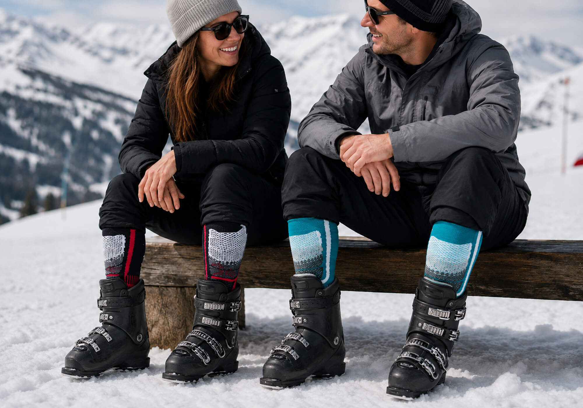 Mann und Frau sitzend mit Skischuhen und Alpaka Skisocken unterhalten sich glücklich