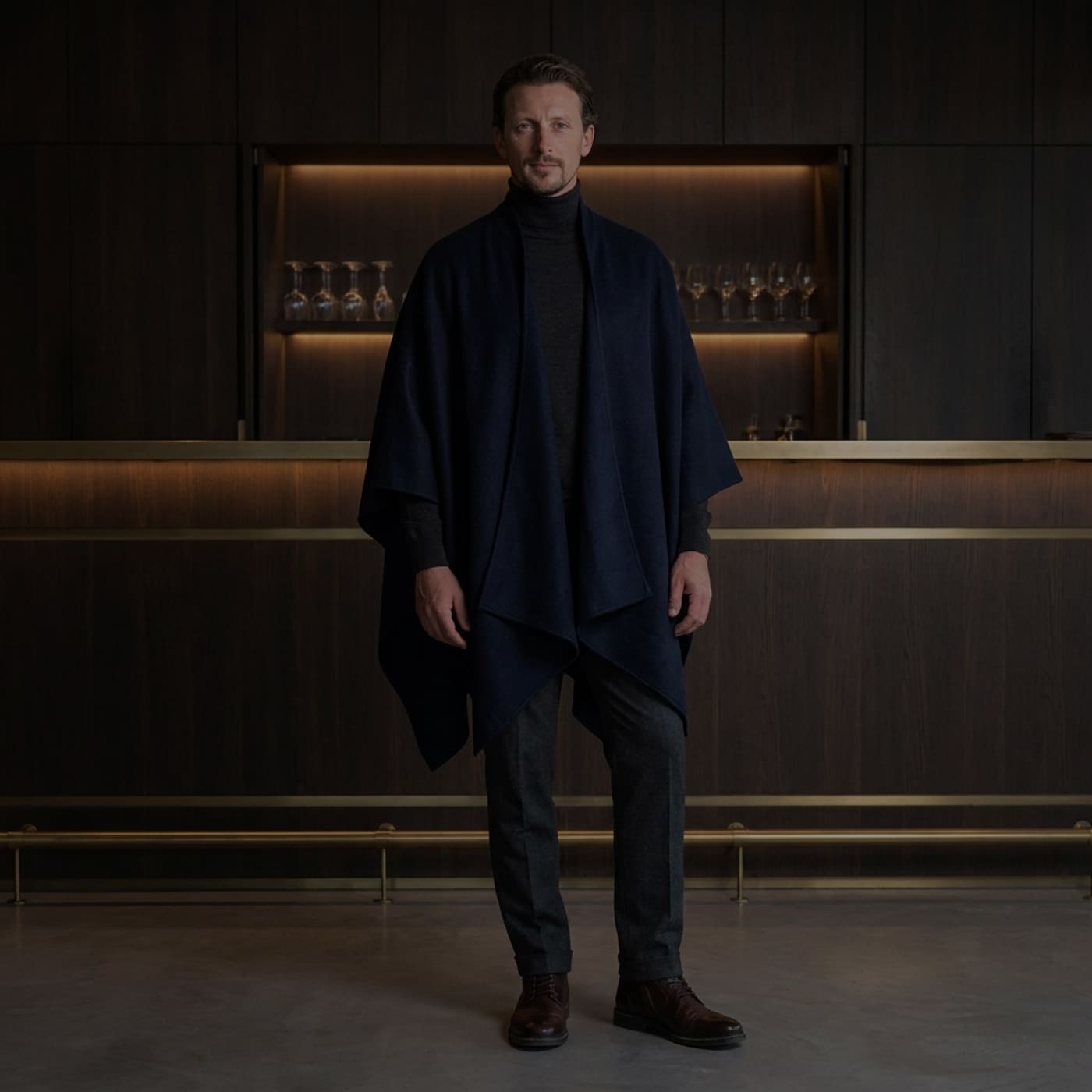 Mann mit elegantem Poncho Mantel aus Alpakawolle in maskuliner Farbe dunkelblau