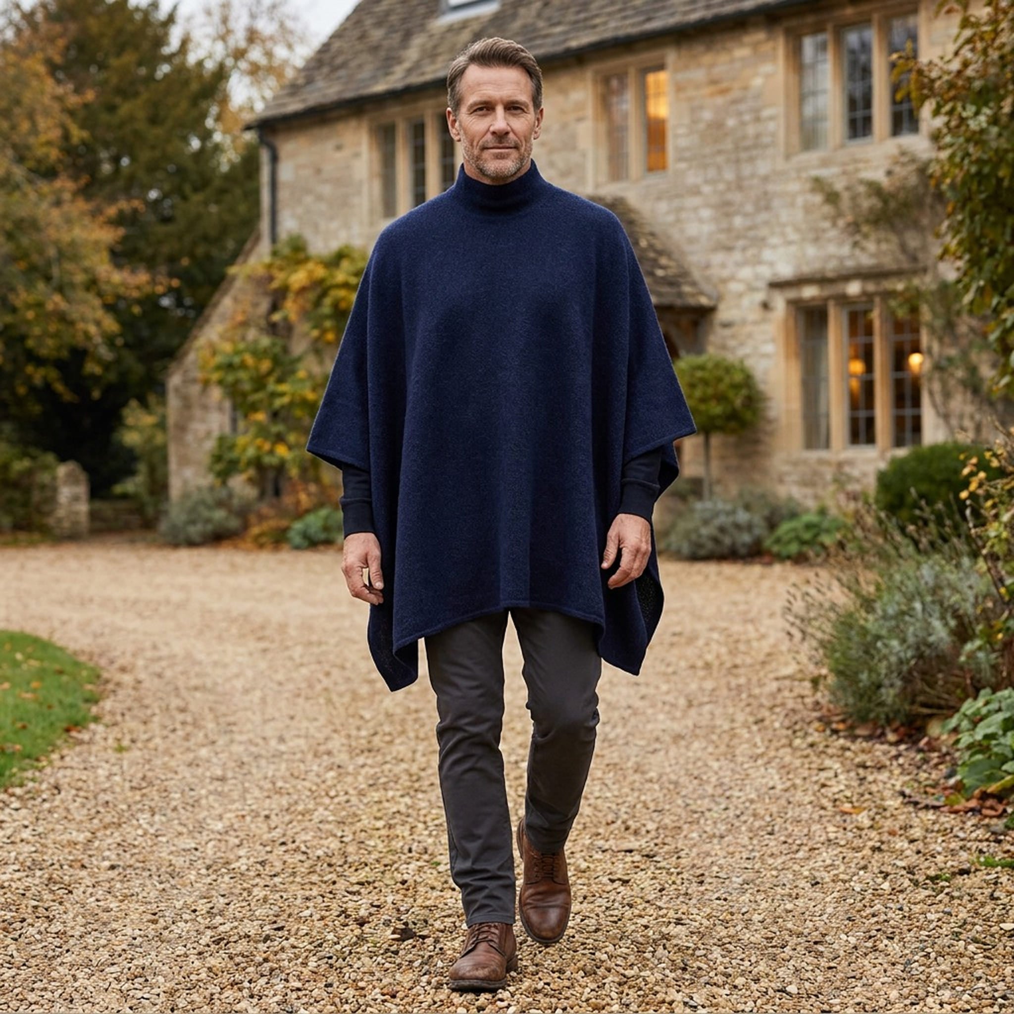 Mann laufend im eleganten Herren Poncho vor britischem Landhaus