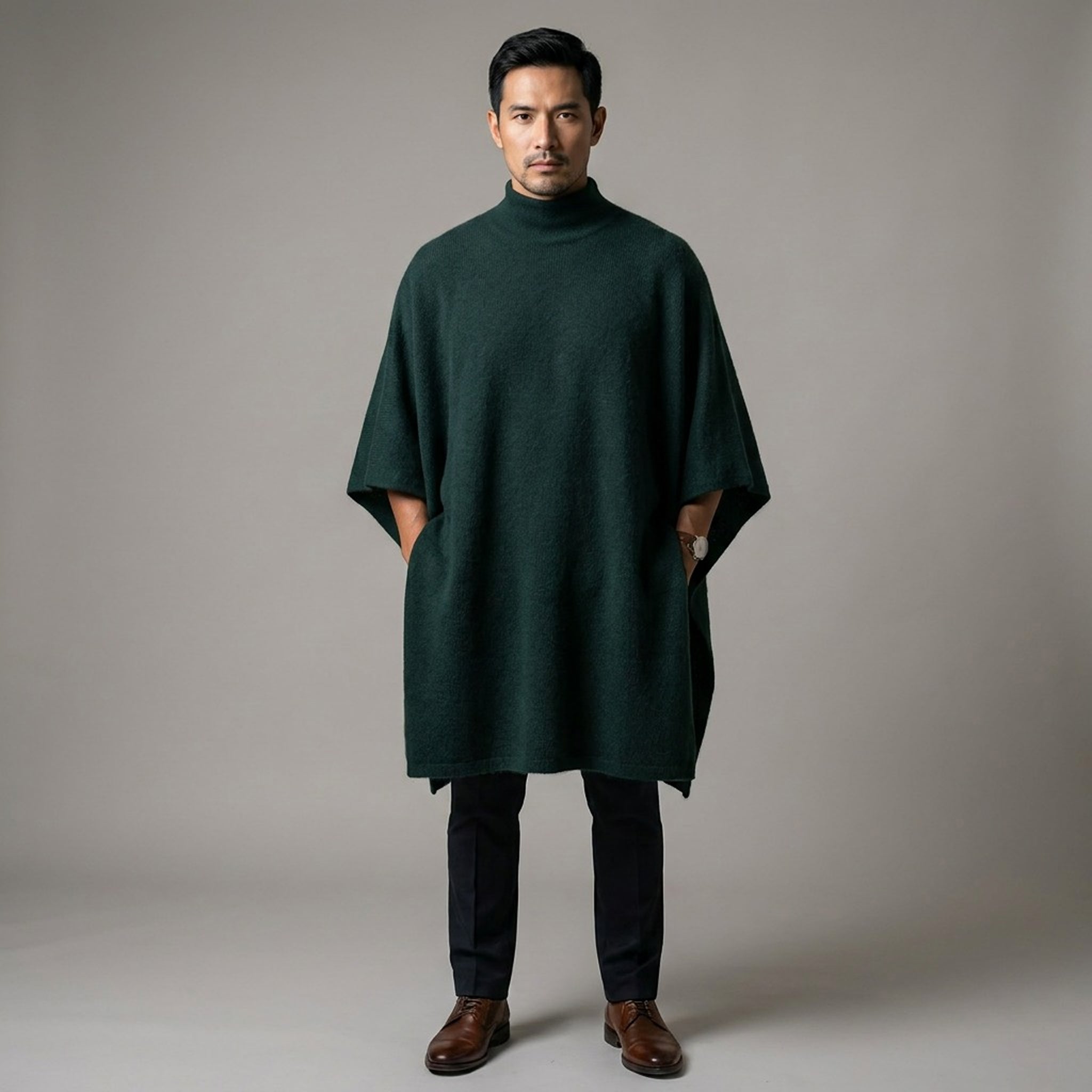 Frontalansicht dunkelhaariger Mann mit dem eleganten Poncho für Herren mit Kragen in dunkelgrün von Alpakin