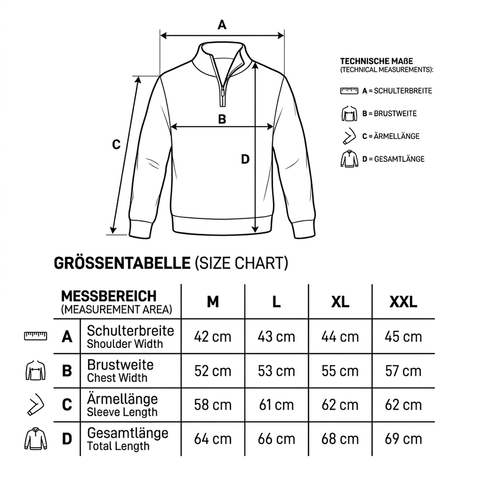 Größenangaben zu Brust, Schulter und Länge für den SAMI Herren Troyer aus Alpakawolle