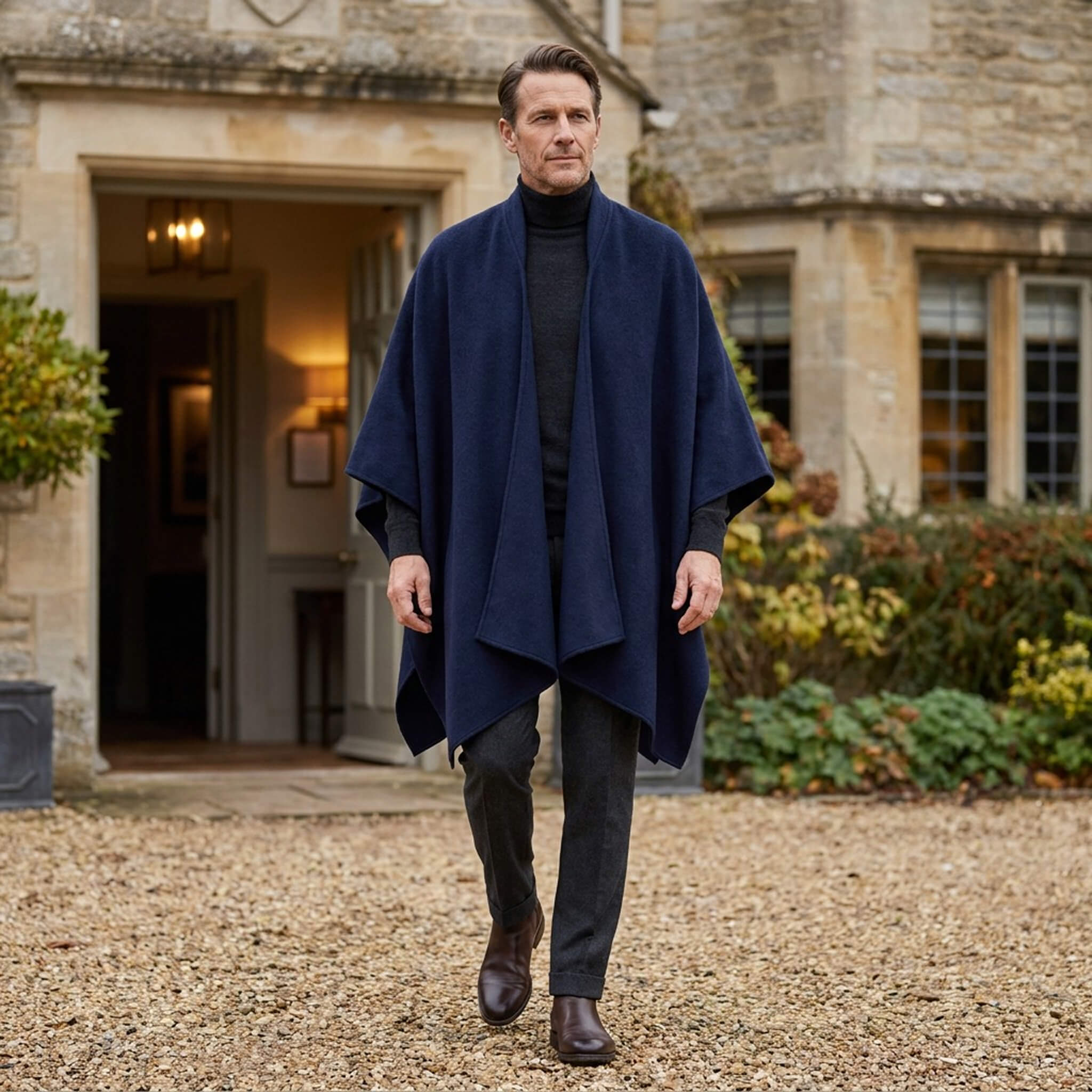 Mann trägt eleganten Premium Alpaka Poncho Mantel vorne offen im Freien