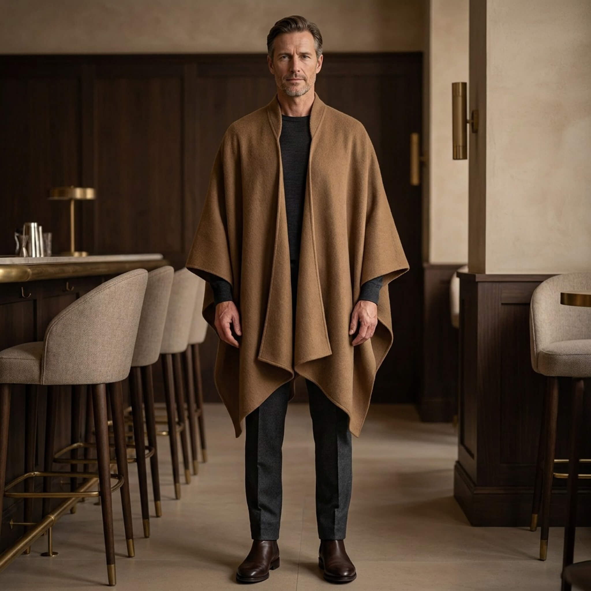 Frontalansicht eines Mannes, der den edlen Alpaka Poncho Mantel in gold trägt mit Design Kragen
