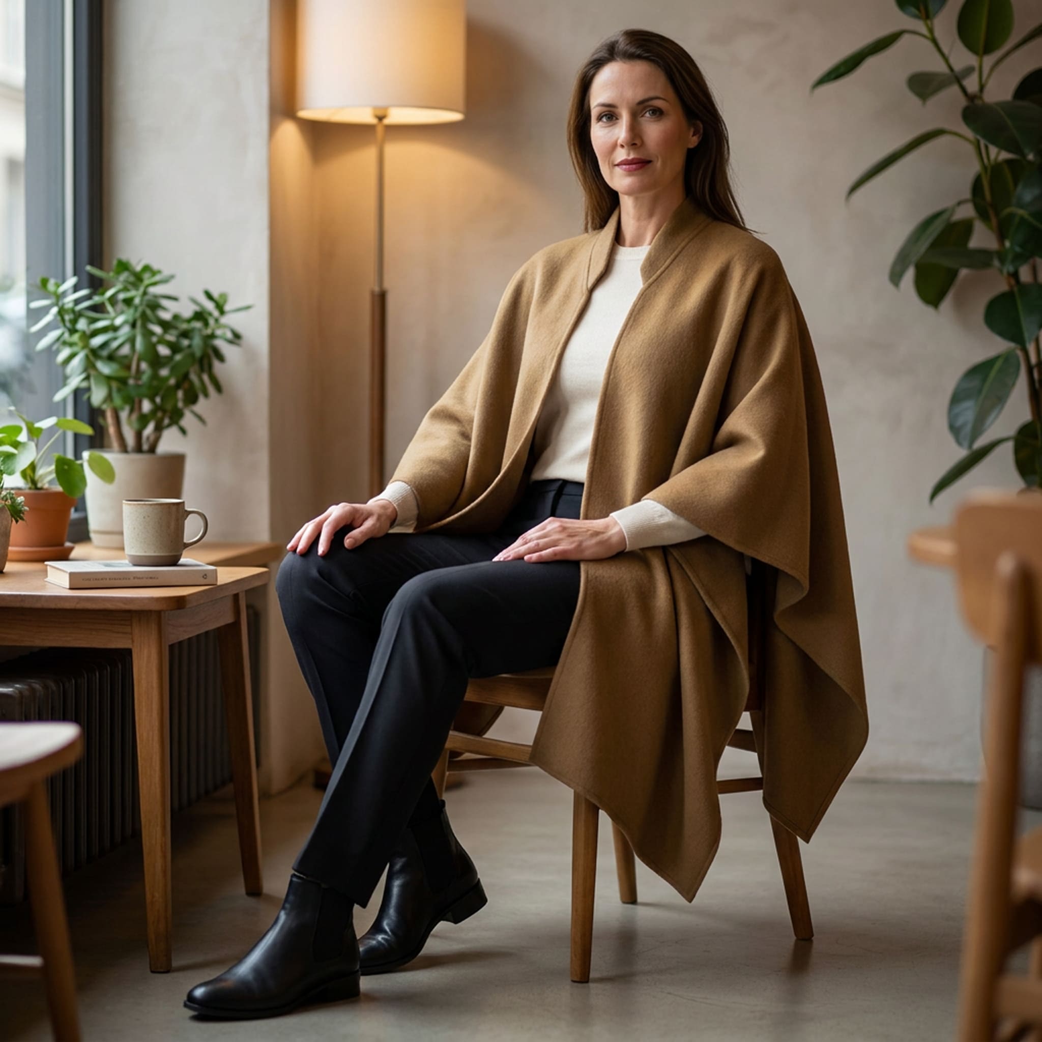 Sitzende Frau mit ihrem Tupac Alpaka Poncho Mantel in gold wirkt elegant und mächtig