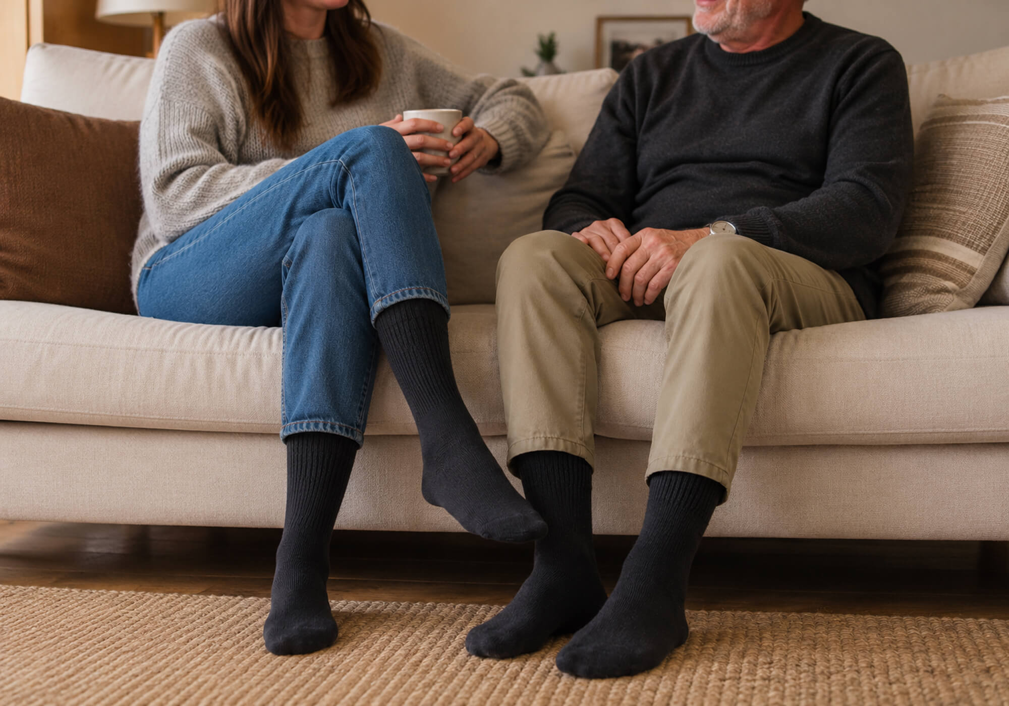 Jüngere Frau und älterer Mann sitzen mit ihren warmen Diabetikersocken aus Alpakawolle auf dem Sofa und unterhalten sich